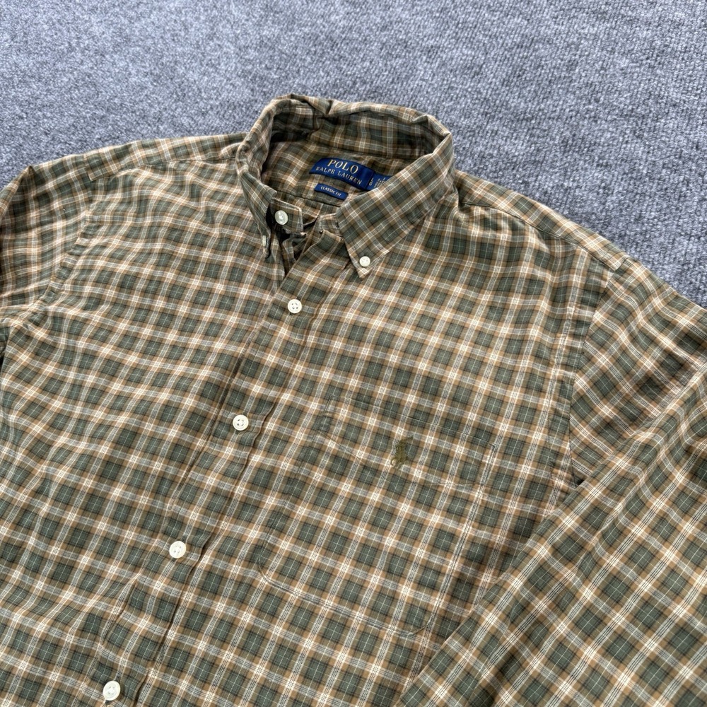 Polo Ralph Lauren Shirt Men L Green Brown Plaid Cotton Classic Fit Long Sleeve